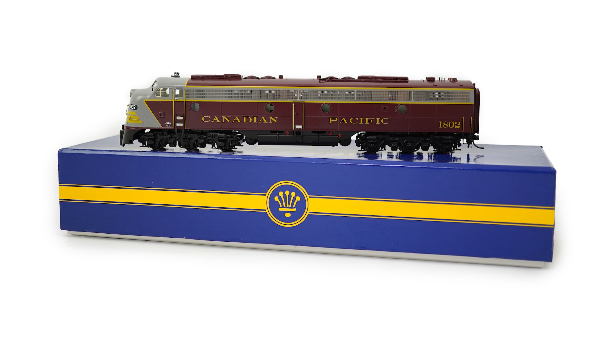 A boxed HO gauge Overland Models Inc. model of Canadian Pacific Railway E8A, 1802, Co-Co diesel locomotive, powered for two rail operation.